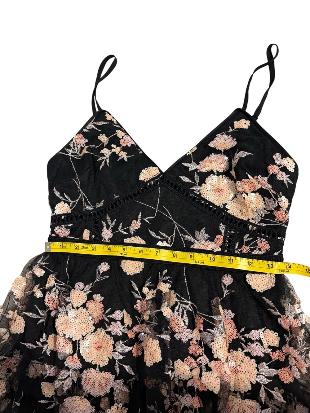 Lulus Tiered Black Mesh Maxi Dress with Peach Floral Sequin Detail, Size Small - Picture 6 of 9